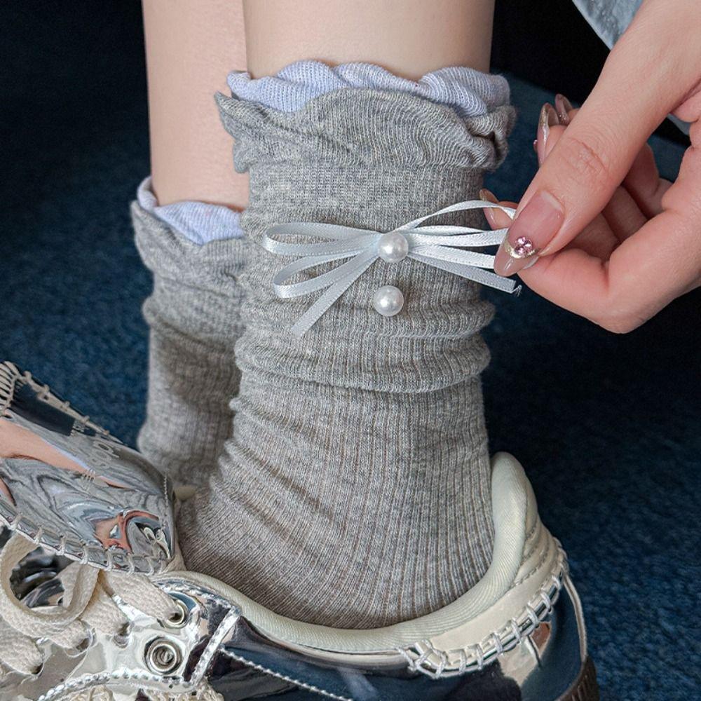 5Pairs Ins Style Bowknot Pearl Socks Thin Sweet Socks Women Soft Mid Tube Socks  Lady