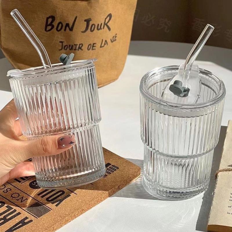 450 ml gestreepte glazen beker transparante glazen met deksel en rietje ijskoffiemok theekop sapglas melkwaterbeker drinkware