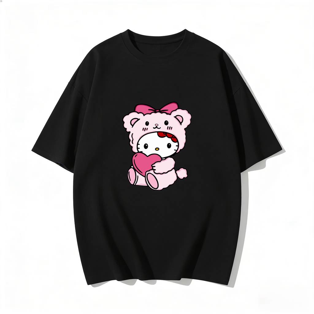 Summer Hello Kitty Cartoon Printed Short Sleeve Pure Cotton Tshirt Womens Family Matching Outfits Classic Fashion Tee Top