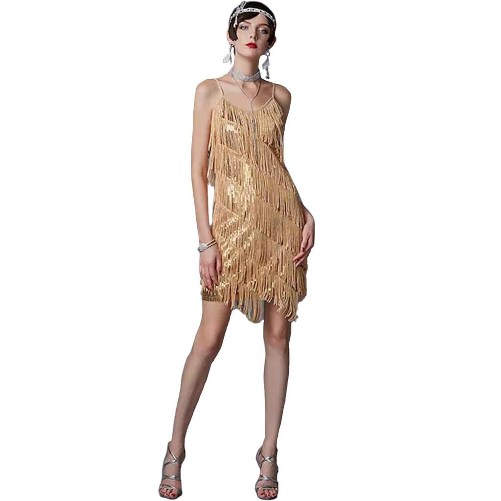 Gatsby 1920s Tassel V-Neck Spaghetti Strap Evening Gown: Retro Latin Dance & Cocktail Party Dress