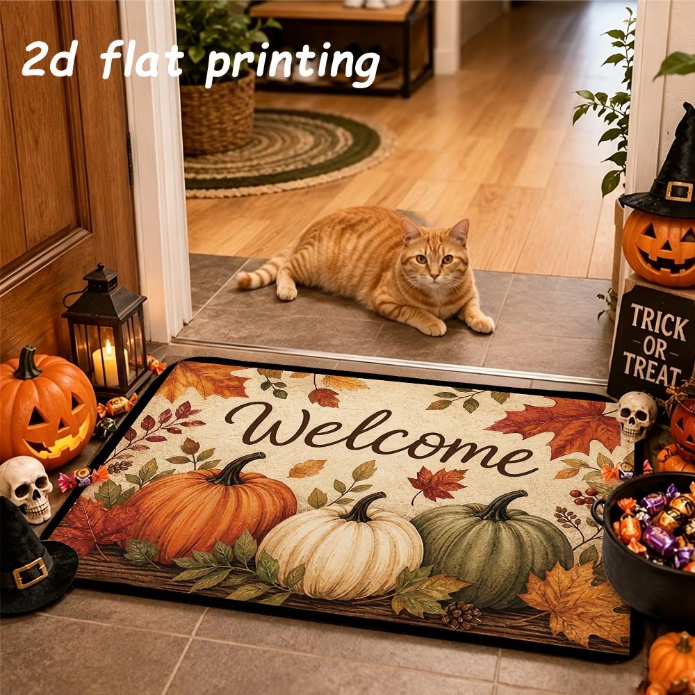 Halloween Pumpkin Black Cat Doormat Non Slip Washable Welcome Rug for Front Porch Entryway Holiday Decor