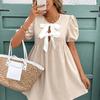 Women Casual Lantern Sleeve Bowknot V Neck Solid Color Knot One Piece Dress