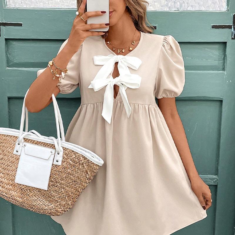 Women Casual Lantern Sleeve Bowknot V Neck Solid Color Knot One Piece Dress