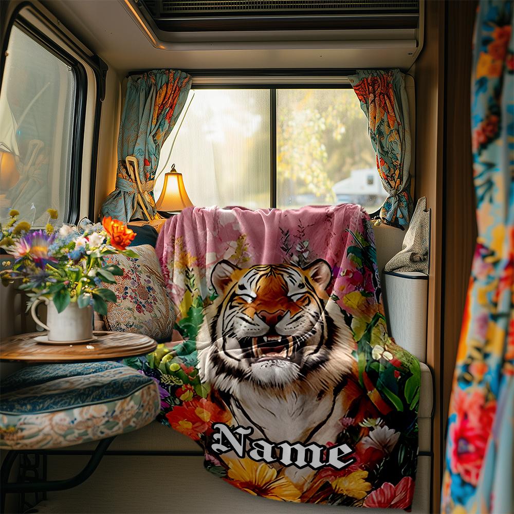 Tiger Roaring Amidst Vibrant Floral Garden Blanketcustomizable With Your Namecomfortable And Stylish Perfect For Travel Beds Chairs Offices Sofas