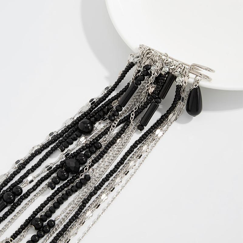Exaggerate Long Tassel Chain Brooch for Women Handmade Beaded Many Layer Chain Multi Functional Fixed Pin Pants Clothes Decorat