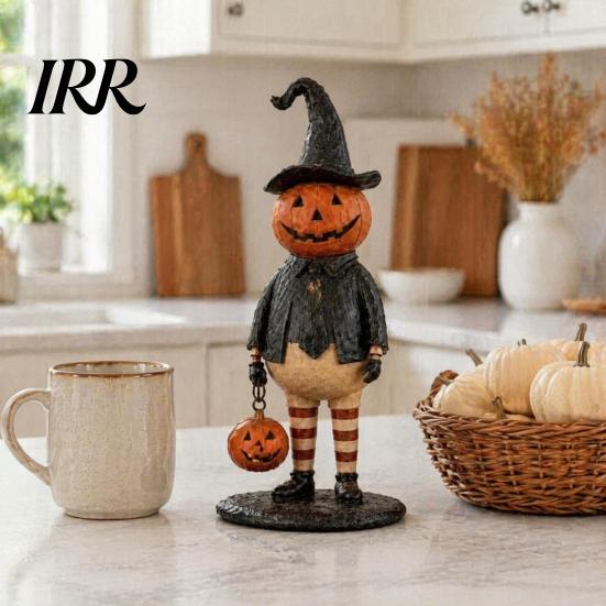 Retro Wizard Pumpkin Statue Witch Figurine, Spooky Halloween with Lantern, LED Lighted Night Lamp Vintage Gothic Resin for Tabletop Mantel Shelf Decor