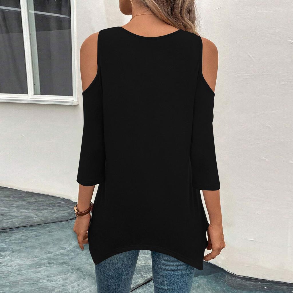 Magliette a maniche a 3/4 da donna Colore Orlo Irregolare Spalle Scoperte T-shirt per Primavera/Estate Top Base Casual Pullover