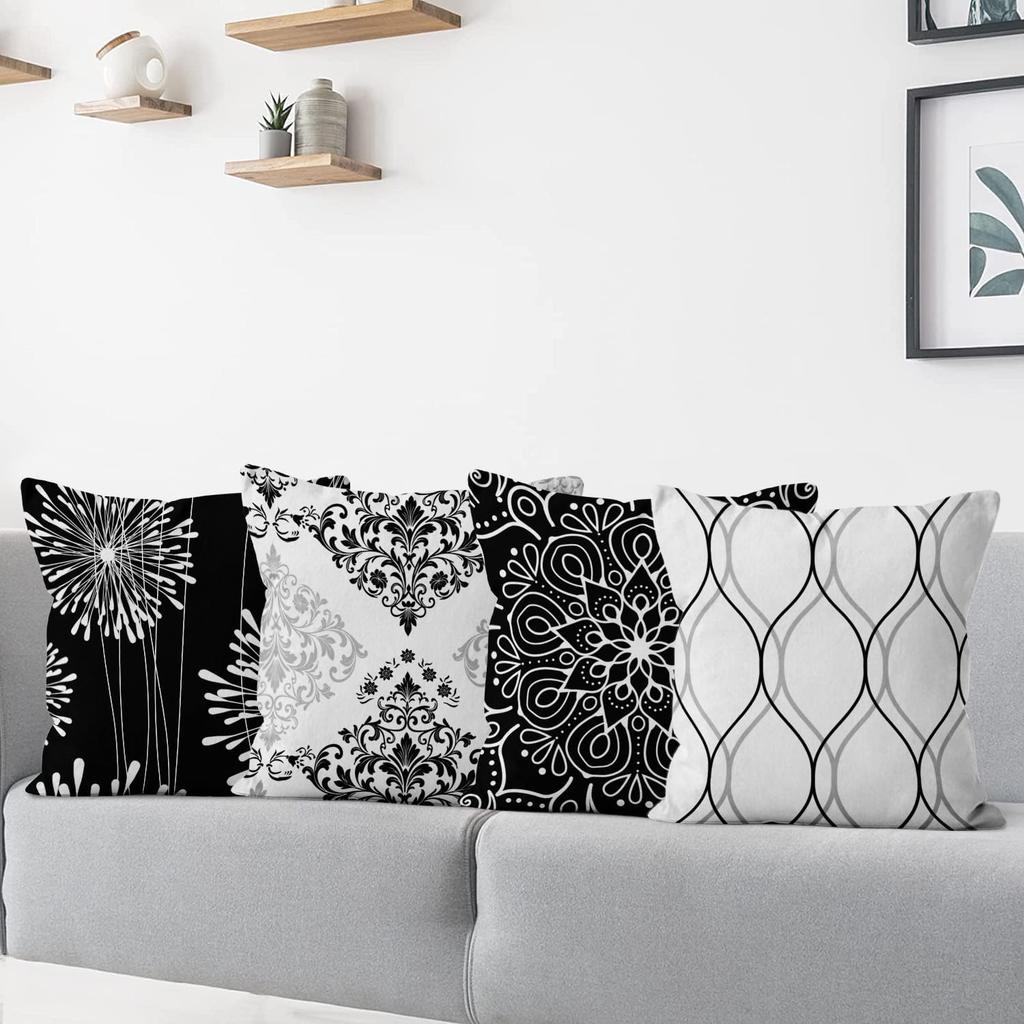4Pcs Black White Damask Mandala Printed Pillow Cover Polyester Cushion Case 2D Flat Printing Pillowcase Contemporary Artistic