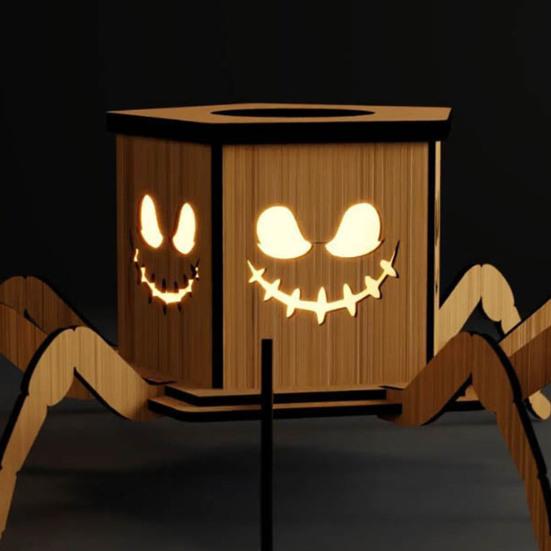 Halloween Lighted Pumpkin Lantern LED Wooden Spider Pumpkin Lamp with Spooky Face for Halloween Party Home Yard Decor
