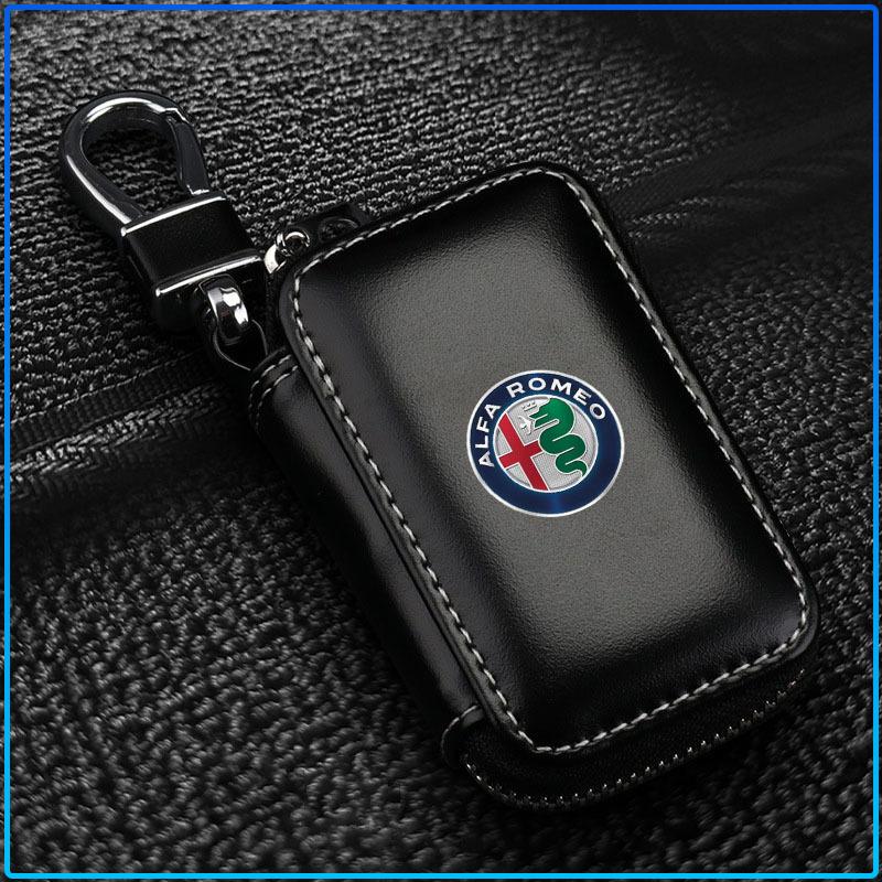 For Alfa Romeo 159 147 156 166 Giulietta Giulia Mito Stelvio Brera Spider 1Pcs Leather Emblem Car Key Case Keychain Zipper Key Case Bag