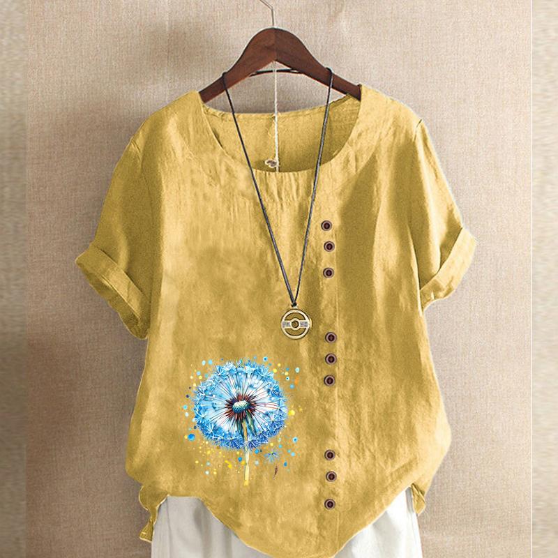 Women's Fashion Blue Dandelion Prined Short Sleeve T-shirt Loose Cotton Shirt Casual Loose Summer Blouse Tops Plus Size