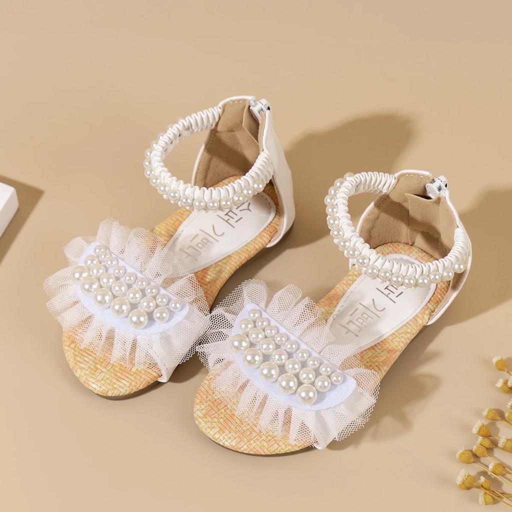Scarpe Estive Piatte da Bambina con Rete e Perle Sandali Principessa per Bambini con Zip Posteriore Scarpe da Spiaggia per Bambina per Vacanze Suola Morbida Comode