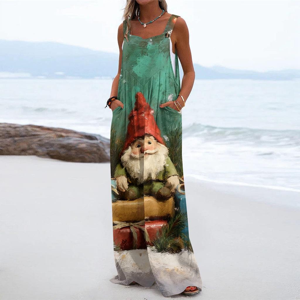 Women's Christmas Print Solid Wide Leg Strapless Tank Pocket Casual Onesie