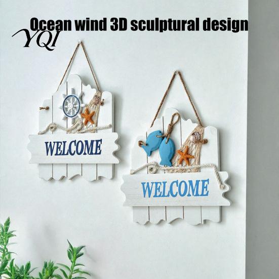 Blue And White Ocean Sign Mediterranean Style Wooden Welcome Sign, Starfish Shells Hanging Nautical Plaque, Decorative Wall Art for Home Porch
