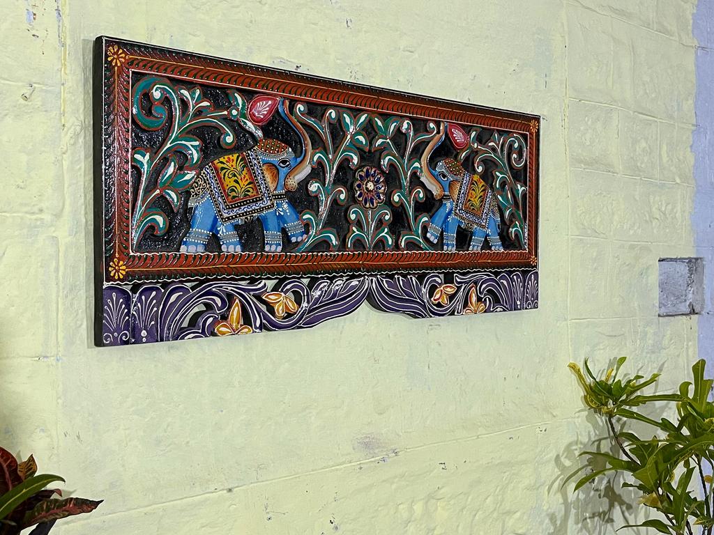 Hand-Painted Carved Wood Elephant Panel: Indian Wall Art