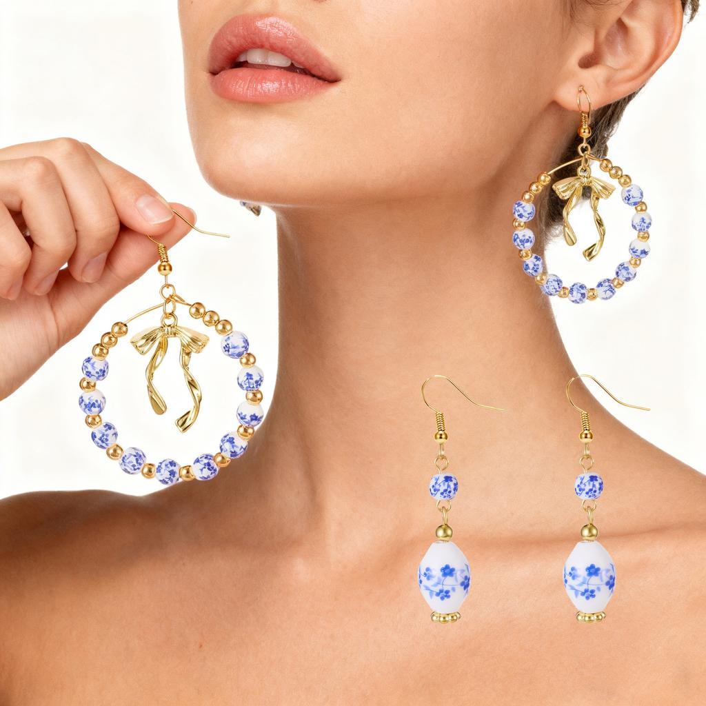 Chinese Style Floral Blue and White Porcelain Bow Earrings Jewelry Light Luxury Temperament