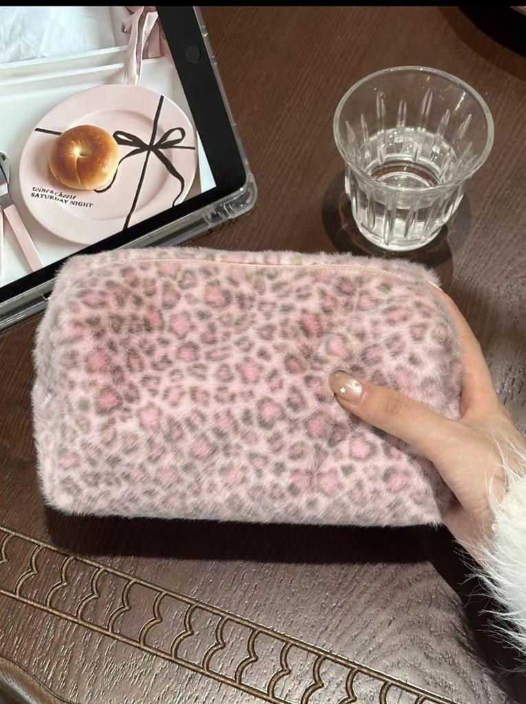 Cute Plush Leopard Travel Cosmetic Lipstick Brush Portable Storage Bag Women Makeup Handbags Wallet Pouch Make Up Bags Organizer