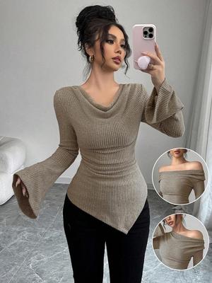 T-shirt a maniche lunghe in maglia vintage Casual primavera autunno top Donna t-shirt