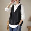 Retro Artistic Lace Pocket V-Neck Knitted Vest Loose Slimming Woolen Women's Vest Tank Cotton Fabric Spring Autumn