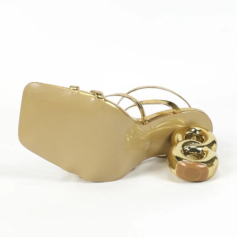 Fashion Golden Narrow Band Square Toe Women Sandals Designer Fretwork High Heels Shoes Woman Ladies Shoes For Women