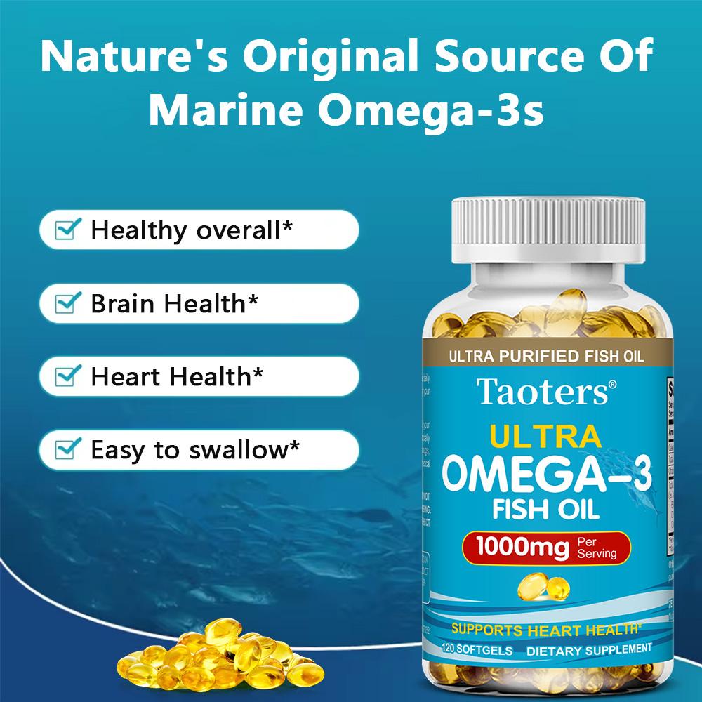 Capsule Molli di Olio di Pesce Ultra Omega‑3, Integratore da 1000 mg EPA DHA, 120 Capsule Molli Fornitura per 60 Giorni, Non OGM