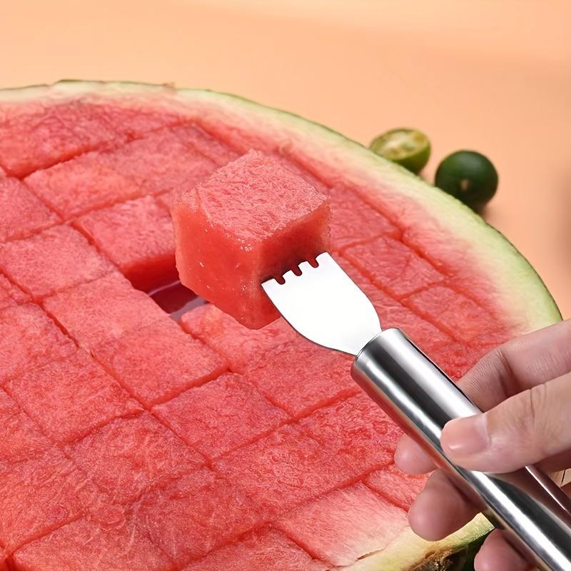 1pc Rebanador de Sandía Creativo de Acero Inoxidable - Combinación de Cuchillo y Tenedor de Doble Función, Corte sin Esfuerzo, Servicio, para Cubos y Rodajas, Herramienta para Servir Fruta