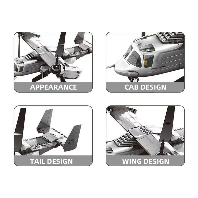 460PCS Blocks VMM-22 1/44 Aircraft Bomber Fighter Building Blocks Classic Construction Educational Toys Fighter Assembly Toys