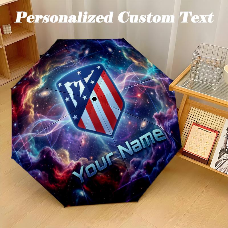 8 Rib Auto Folding Umbrella Atletico Madrid Print Custom Name Text Portable Rain Gear