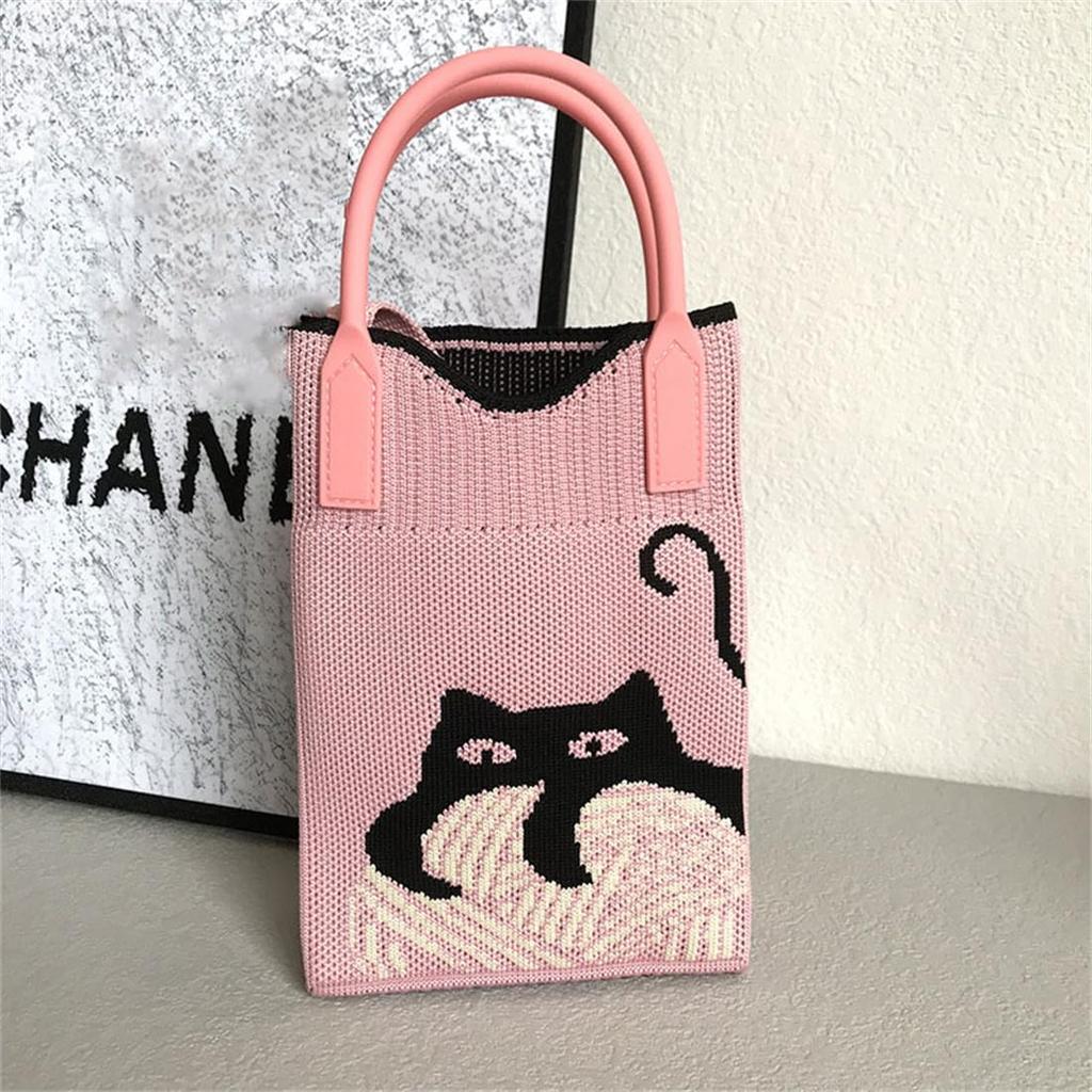 Huimei Women's Knit Smartphone Pouch, Shoulder Bag, Crossbody Phone Pouch, Vertical Knit Wallet Pochette, Cat Print Mini Bag, Cute, Lightweight