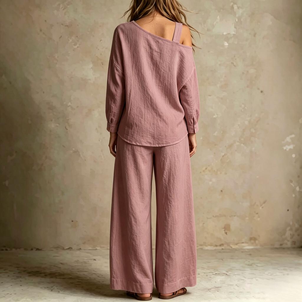 Women's Color Off Shoulder Long Sleeve Two Piece Set with Pockets and Pants