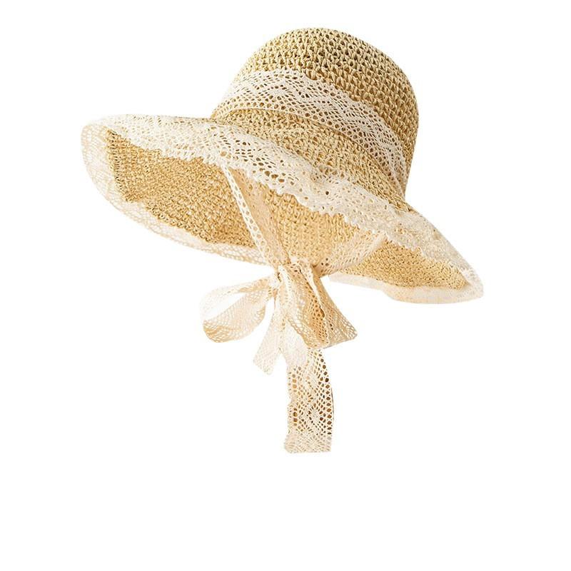 Women's Summer Seaside Extra Large Brim Sun Protection Straw Hat Breathable Woven Face-Covering Lace Trim Beach Hat Sun Hat