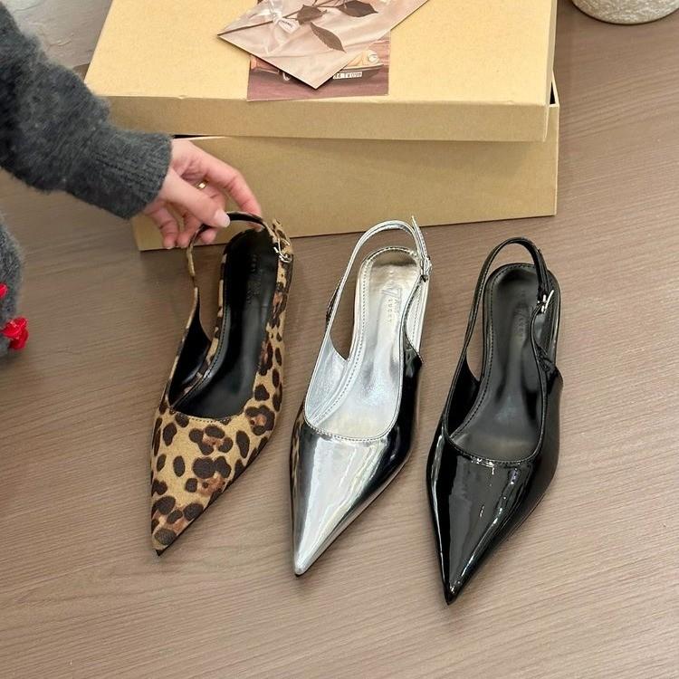 Fashion New Summer Women's Dress Shoes Patent Leather Slip on Pointed Toe Sandals Buckle Slingbacks Mid Heels Pumps Sandalias Mujer