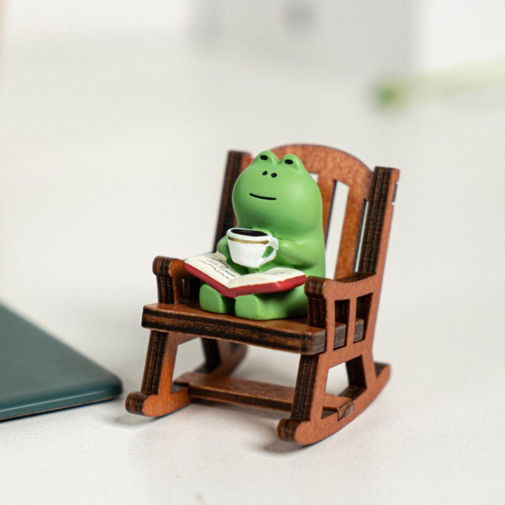 2PCs/set Cute Reading Frog Miniatures Mini Small Chair Ornaments Photo Props