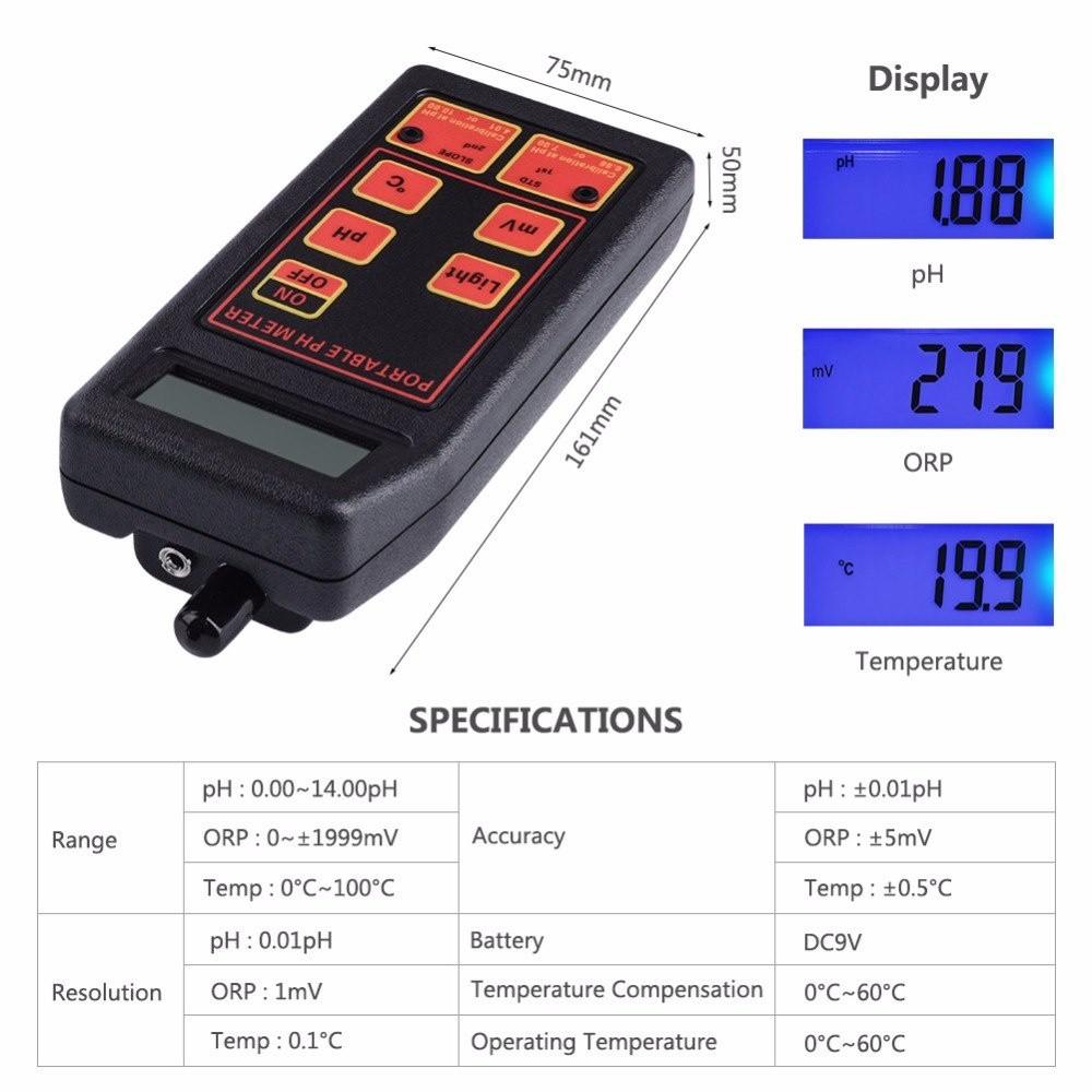 3-in-1 PH/mV/Temp Meter + Replaceable PH & ORP Electrodes PH-8424 Acidity Meter Portable Detector Waterproof PH Temperature Meter
