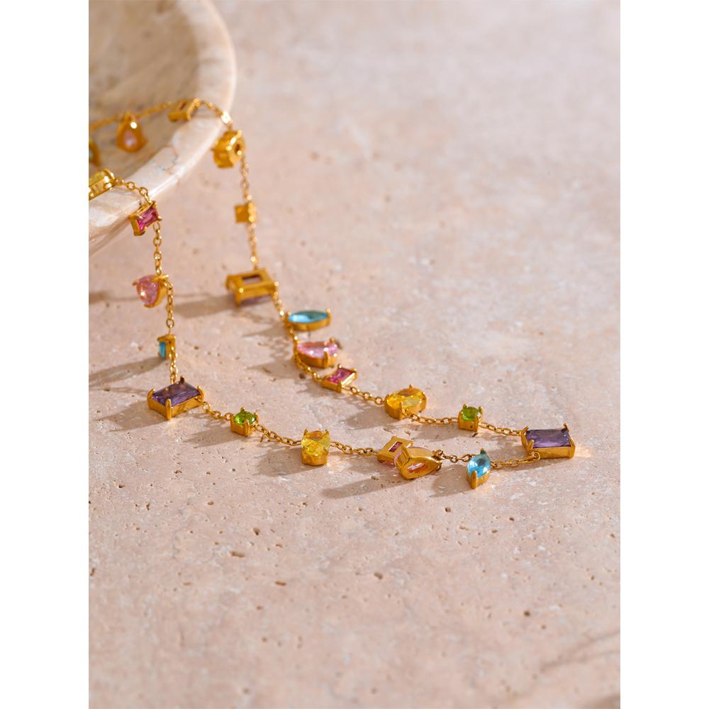 Yhpup AAA High-Grade Colorful Cubic Zirconia Chain Necklace Gift Summer Stainless Steel Delicate Fashion Y2K Jewelry Accessories