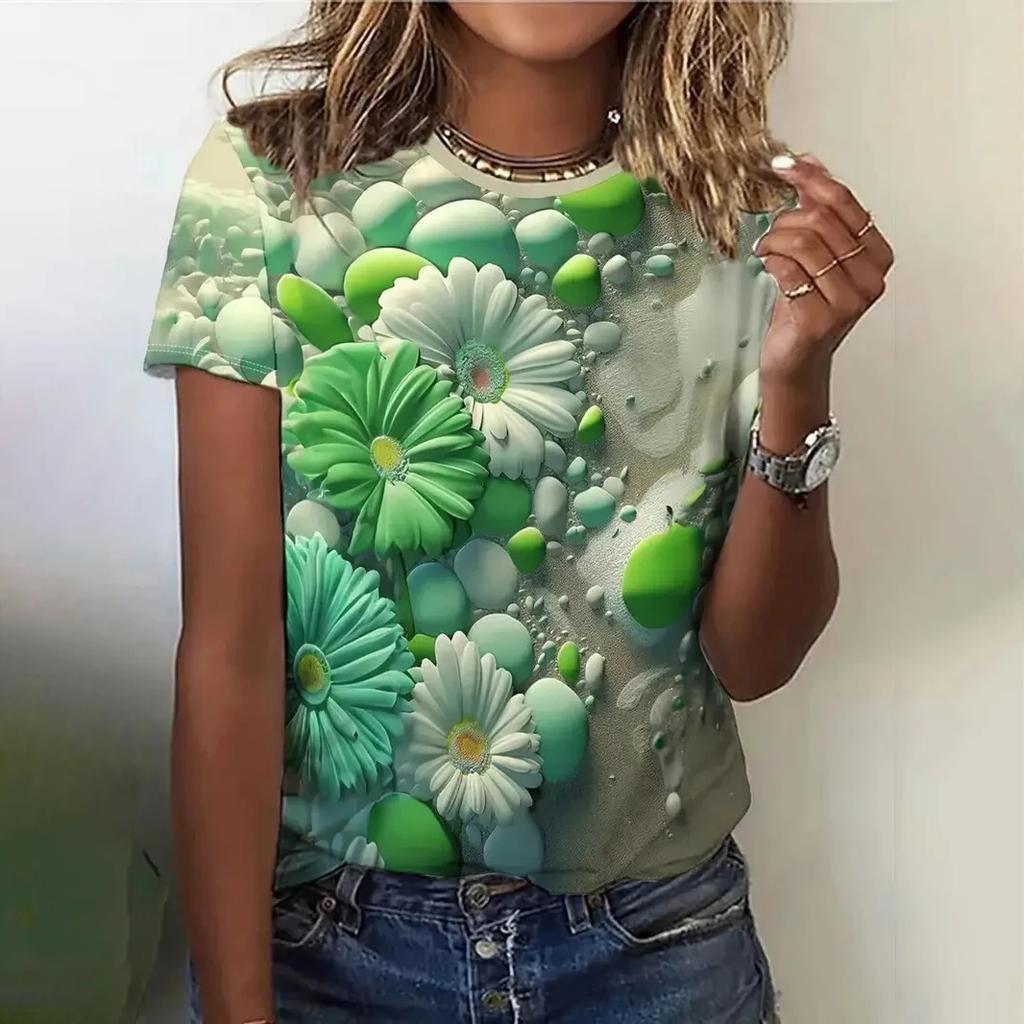 Women's T Shirt Flower Graphic Print Casual Short Sleeve Female Crew Neck T-Shirts Summer  Street Fashion Tops Outdoor Clothes
