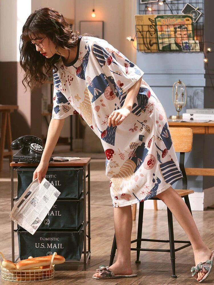 Girls' Summer, Spring and Autumn Short-sleeved Home Wear with Cute Cartoon Designs and Loose Style Pajamas and Nightgowns