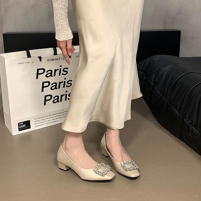 

French temperament rhinestone thick heel high heels women s shoes 2025 summer new one-pedal silver single shoes small leather shoes women 35