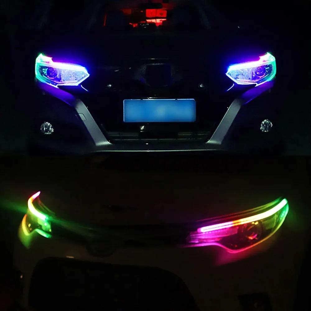 Car LED Flashing Daytime Running Lights with Flowing Water Turning Lights,Decorative Light With Remote App Control Headlight Turn Signal Light