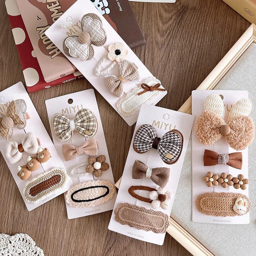 4pcs/set Beige Coffee Color Elegant Hair Clip for Young Kids Sweet Retro Floral Bow Children Barrettes Cute Hair Accessories
