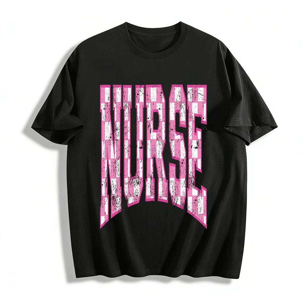 Vintage Pink Checkerboard Nurse Print Casual Tee for Medical Workers Pure cotton T-shirt XXS