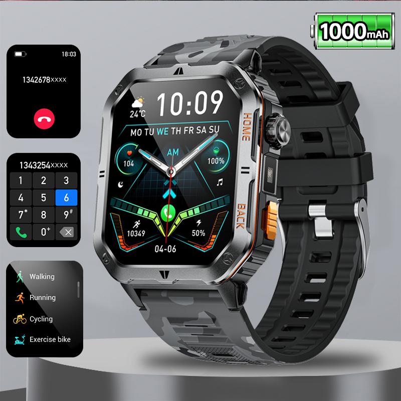 Rugged Military 1000mAh Smart Watch Men Outdoor Flashlight  Watch 2.01" HD Touch Screen Voice Bluetooth Call Smartwatch NEW