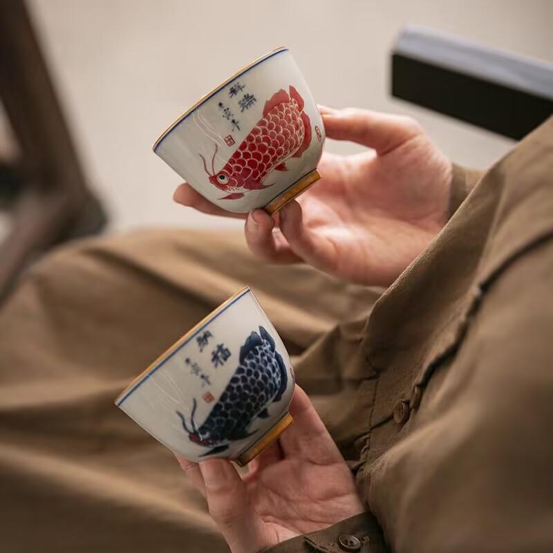 Ceramic Golden Arowana Master Cup Retro Kung Fu Tea Set Tea Tasting Cup Gift Box Tea Cup High-End Tea Cup Single Cup Household