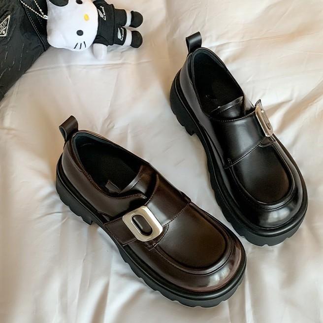 Cowhide version~ Su Yinyin's same round head retro buckle muffin thick sole heightening loafers single shoes women's small leather shoes