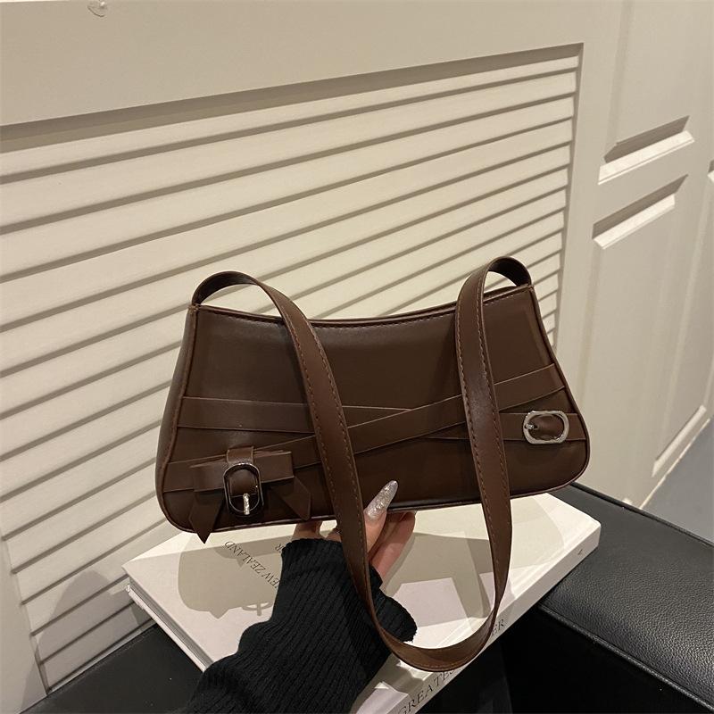 Vintage Belt Bow Design Shoulder Bags for Women Solid Color Ladies PU Underarm Bag Outdoor Portable Female Phe Handbags