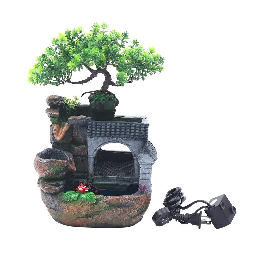 Tabletop Fountain Mini LED Waterfall Zen Meditation Desktop Resin Rockery Water Fountain Bonsai Home Decor Office Gifts