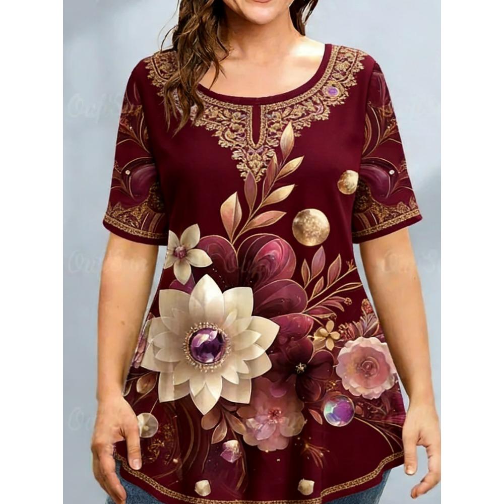 Ladies Summer Colorful Flower Butterfly Printed Large Loose Casual T-shirt Fashionable Comfortable Soft Breathable Short Sleeved T-shirt