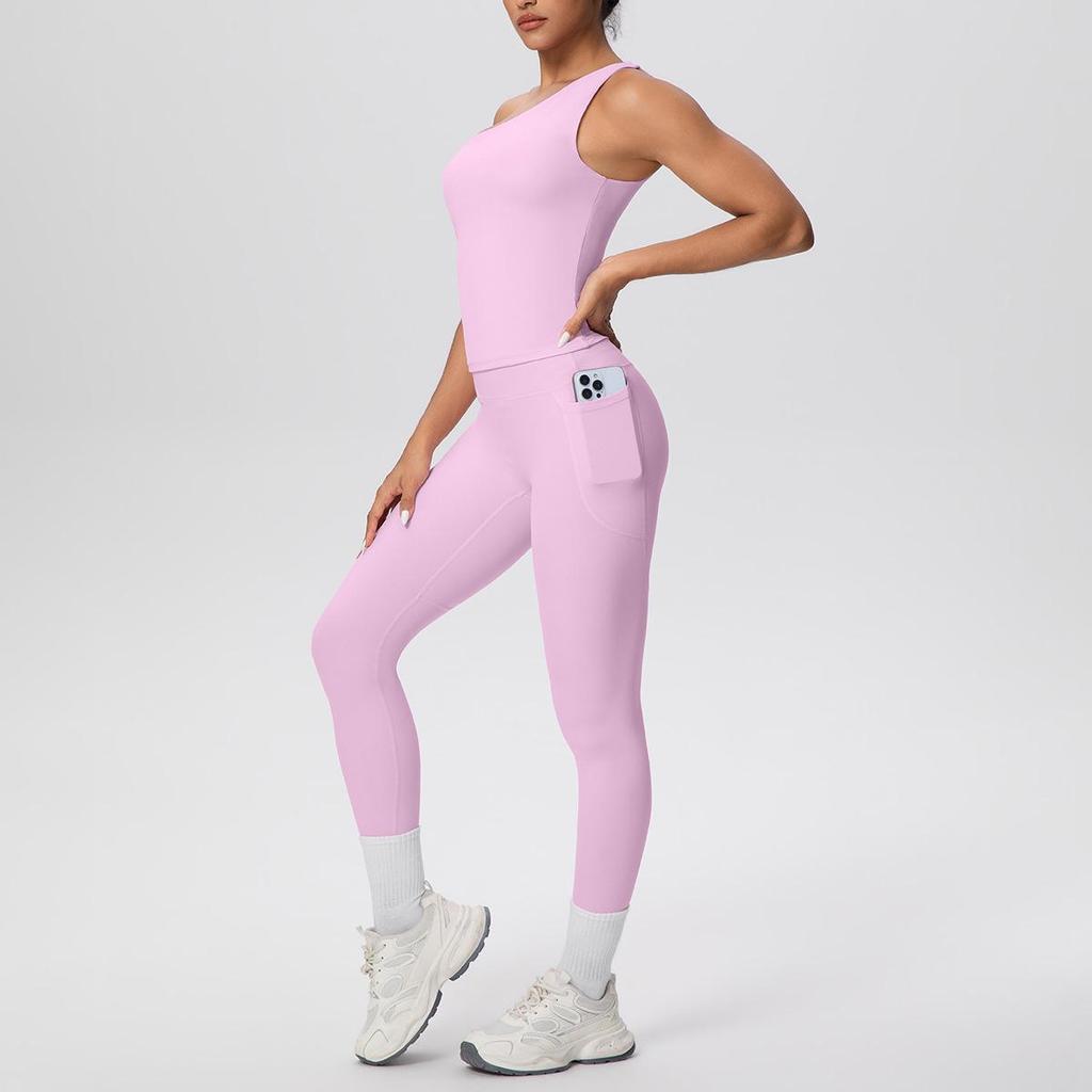 European & American Solid Color One-Shoulder Sports Vest & High-Waisted Pocket Yoga Pants Fitness Set for Women
