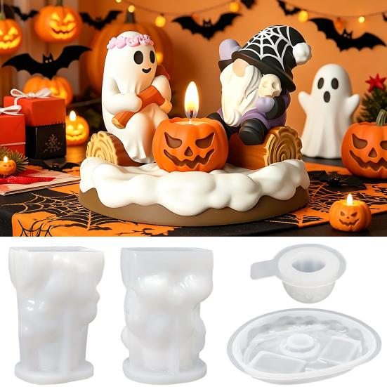 Ghost Shape Mold 4Pcs Halloween Silicone Candle Molds Set, DIY Gnome Pumpkin Handmade Soap Crafts Mold, Epoxy Resin Casting for Festival Crafting