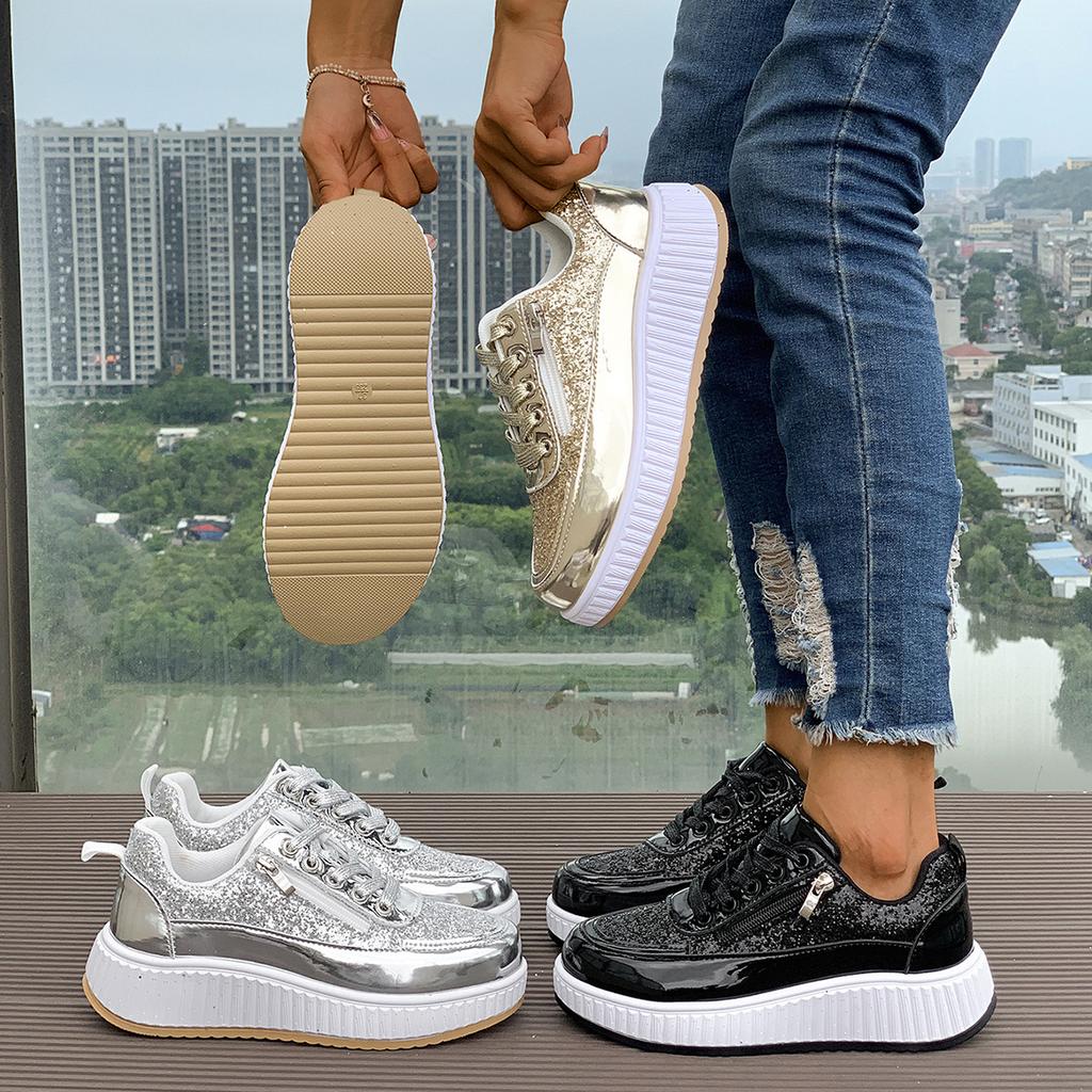 Thick Sole Glitter Trendy Casual Shoes Low Cut Flat Lace-UP Walking Shoes Women Anti Slip Comfort Sneakers Platform Zapatillas